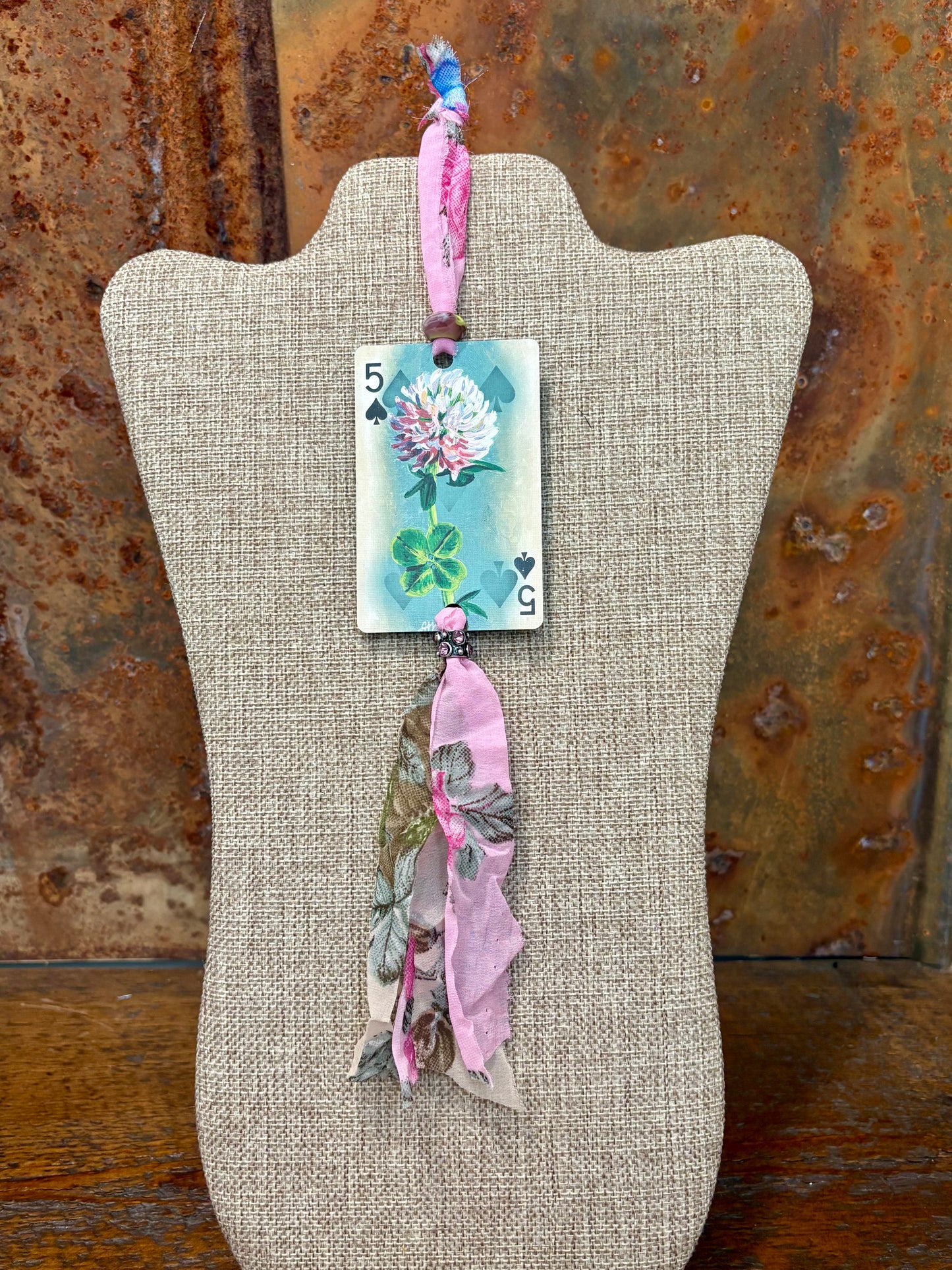Handmade Car Rearview Mirror Charm: Four Leaf Clover - Western Boho Playing Card Tassel