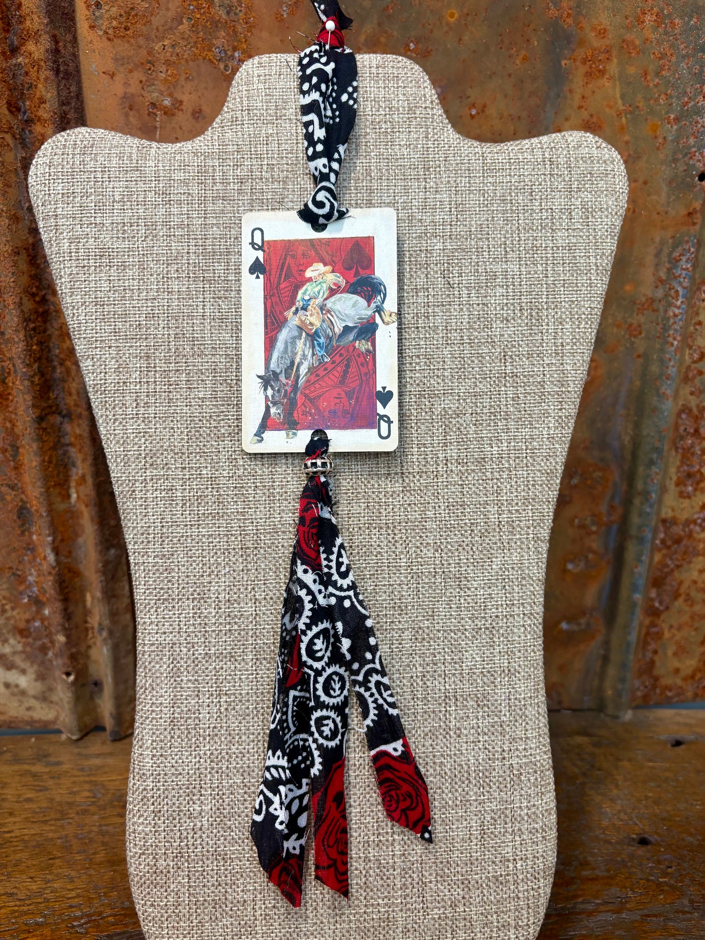 Handmade Car Rearview Mirror Charm: Cowgirl on Bucking Horse - Western Boho Playing Card Tassel