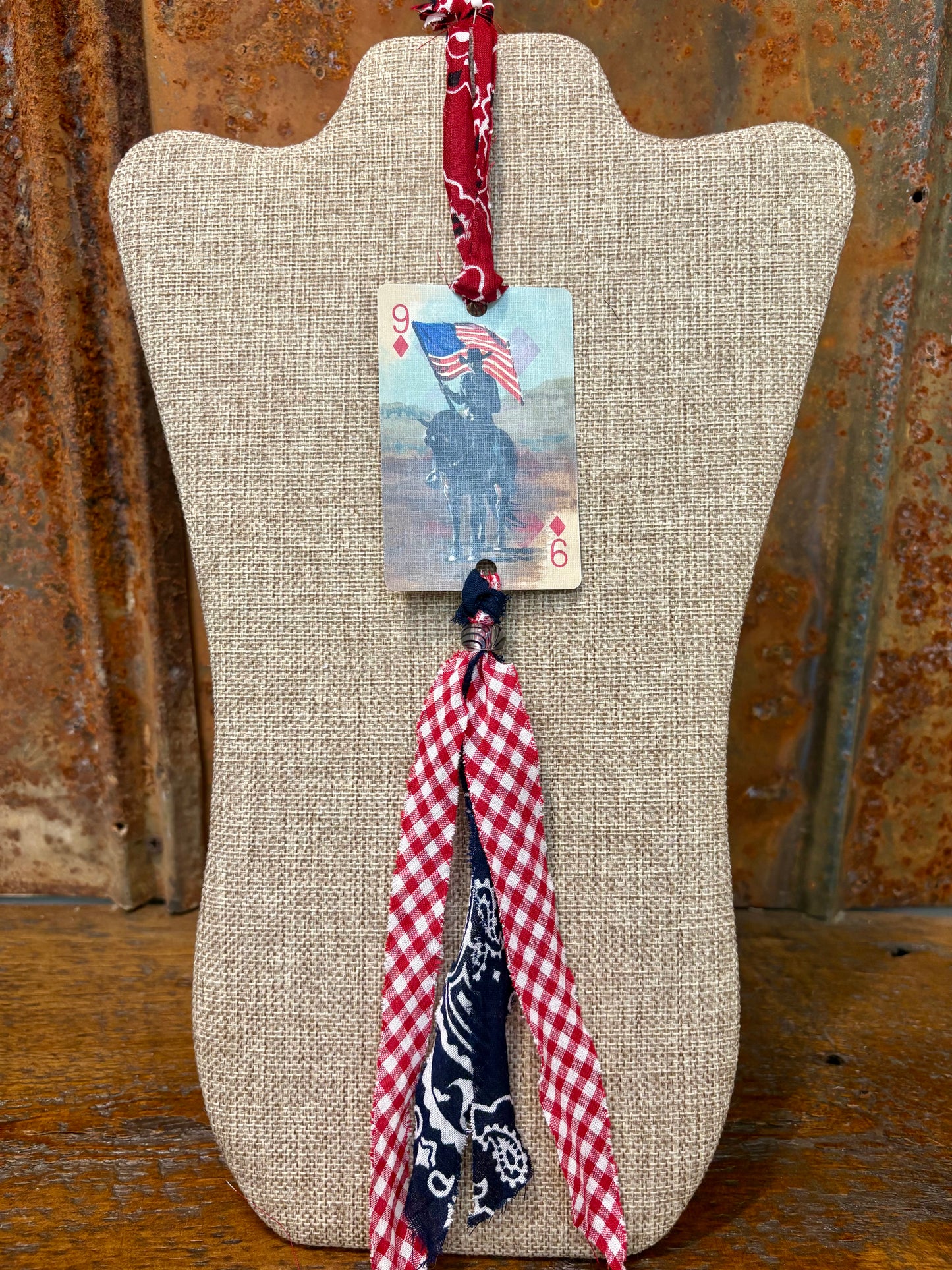 Handmade Car Rearview Mirror Charm: Cowboy with Flag Western Boho Playing Card Tassel