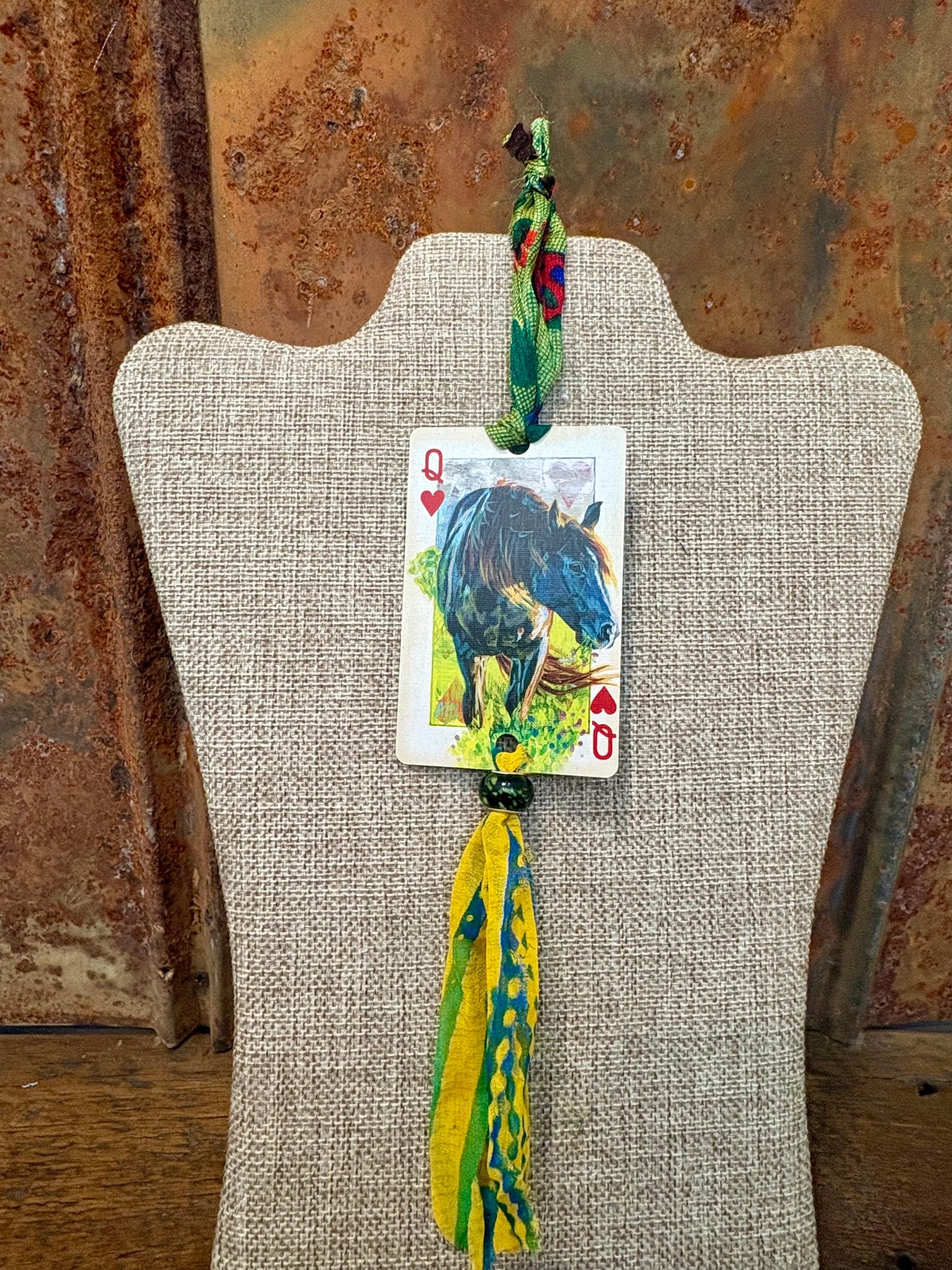 Handmade Car Rearview Mirror Charm: Grazing Horse - Western Boho Playing Card Tassel