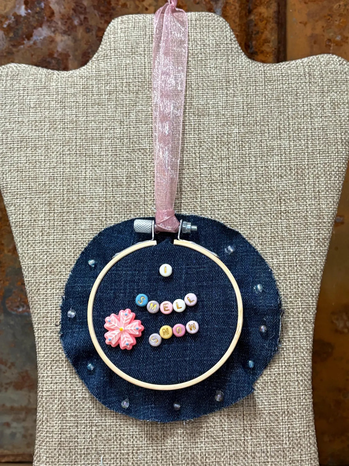 Gilmore Girls Themed Mini Denim Embroidery Ring Wreath Ornament I Smell Snow