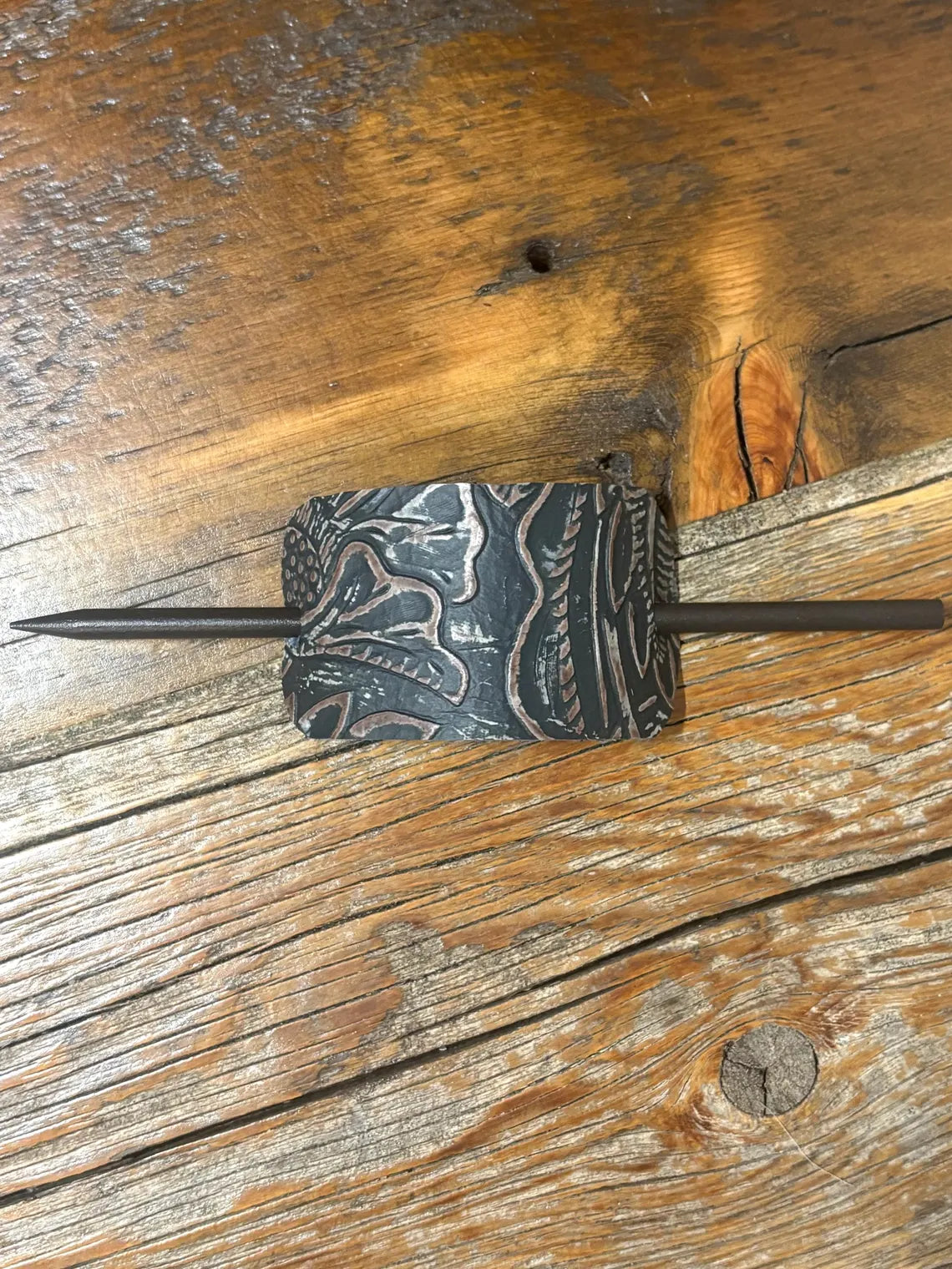 Embossed Leather Hair Slide with Wood Stick - Western Boho Hair Accessory Brown & Charcoal