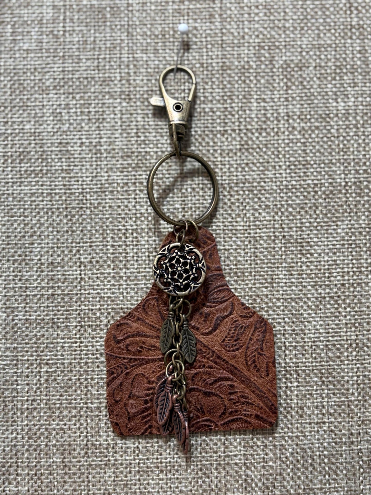 Handmade Genuine Leather Purse Backpack Charm Keychain Cow Ear Tag Feathers