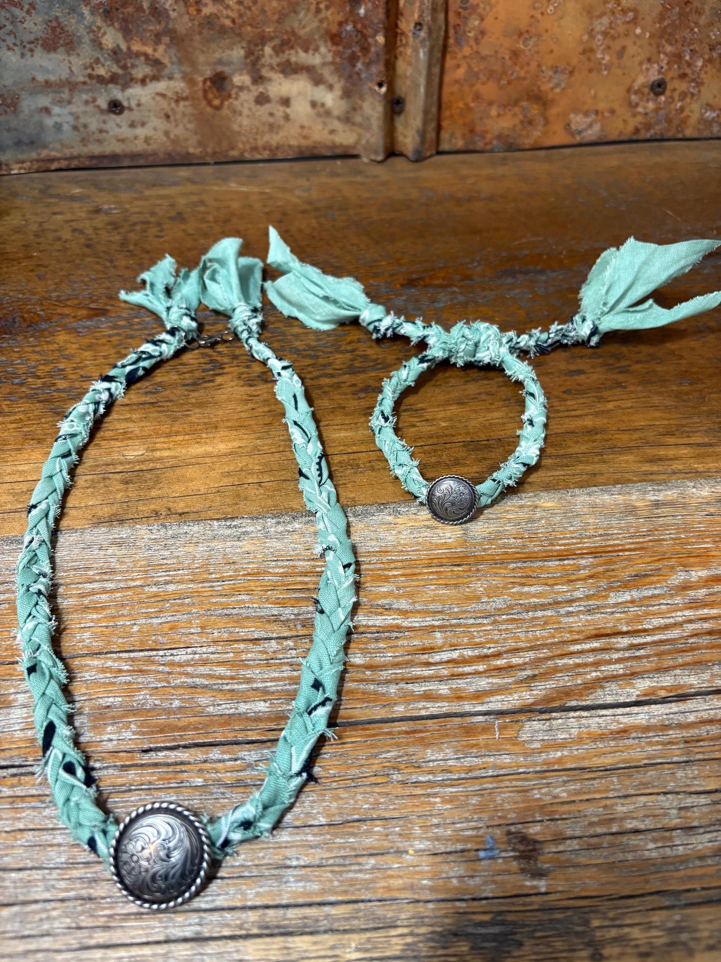 Handmade Sage Green Braided Bandana Concho Necklace Bracelet Set
