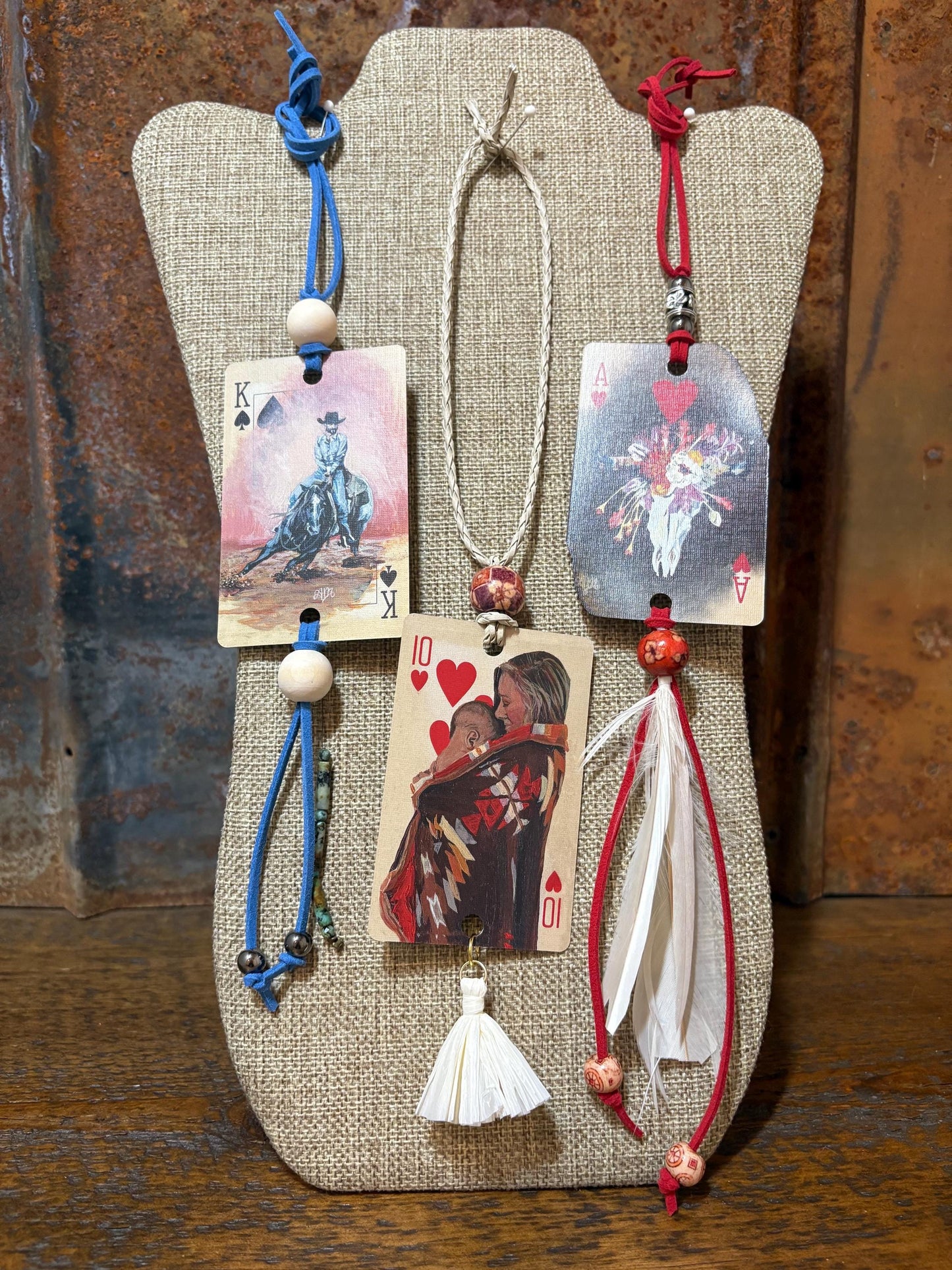 Handmade Car Rearview Mirror Charm: Western Boho Playing Card Tassel Charred Cow Skull