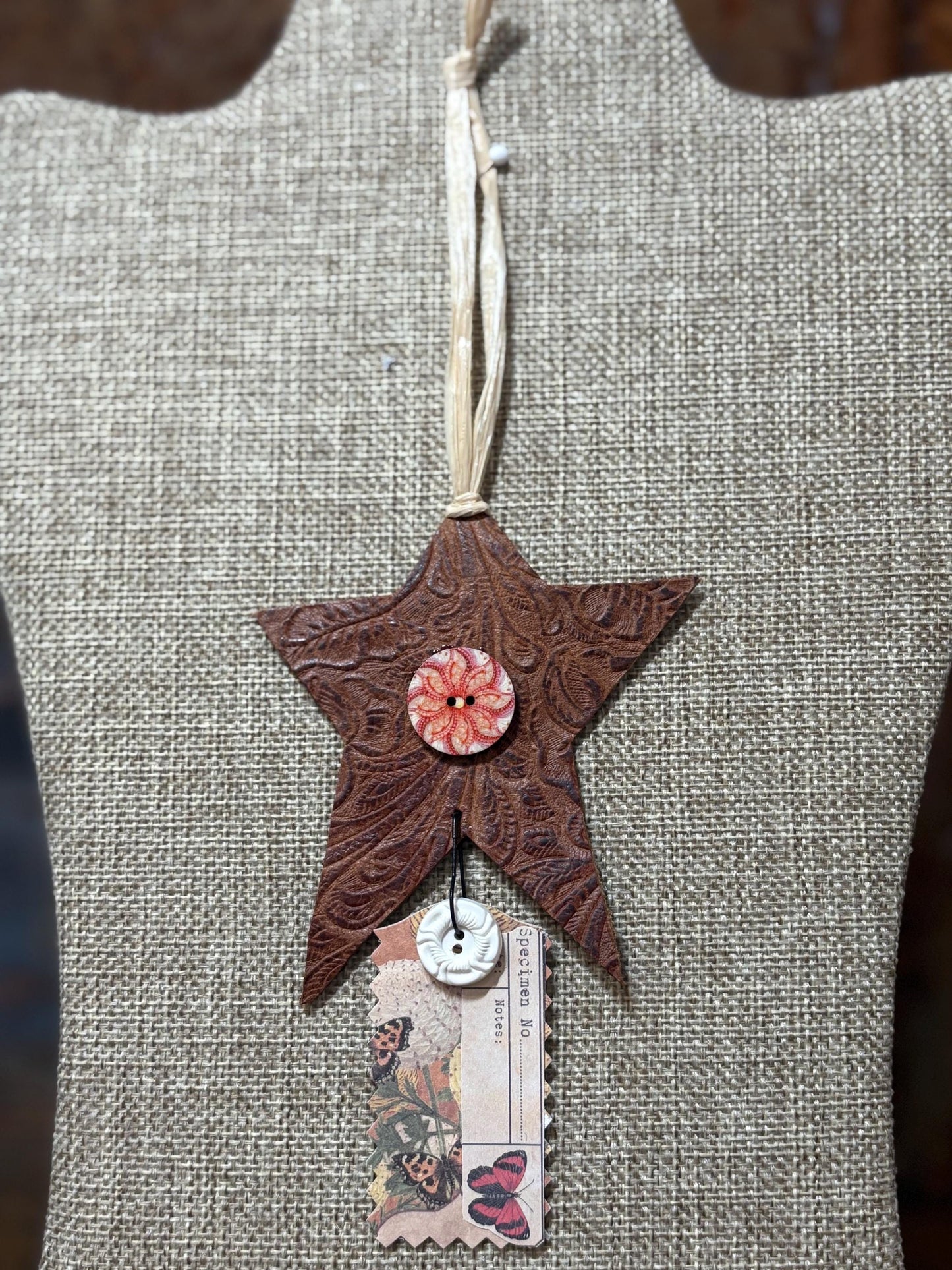 Embossed Leather Star Ornament: Western Boho Car Hanger, Scrapbook Tag Butterfly Tag