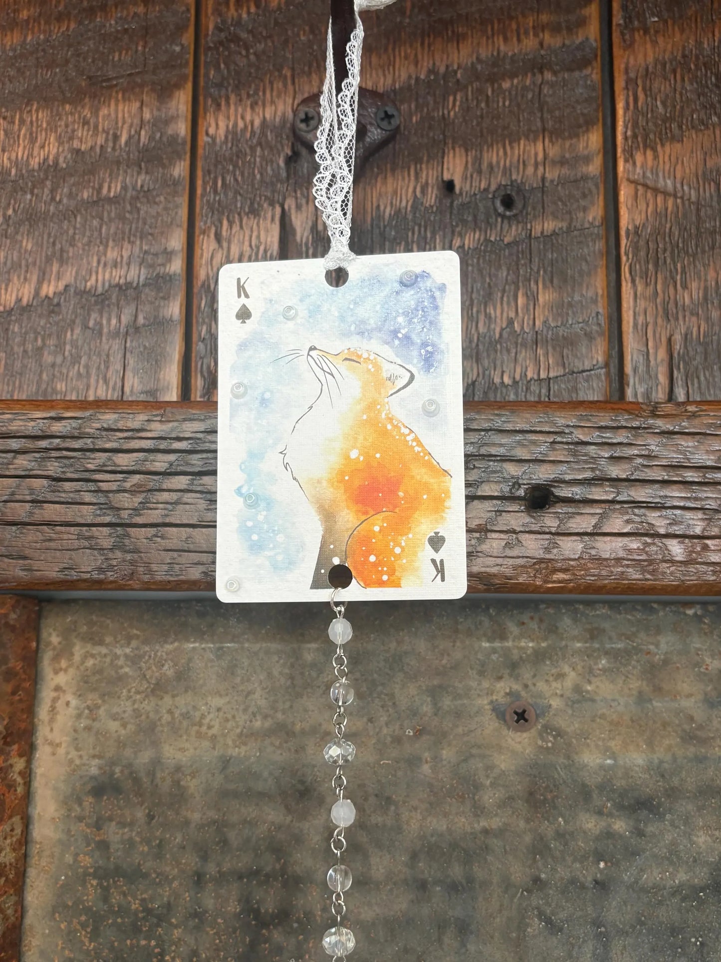 Upcycled Rearview Mirror Fox Charm: Playing Card Art Tassel