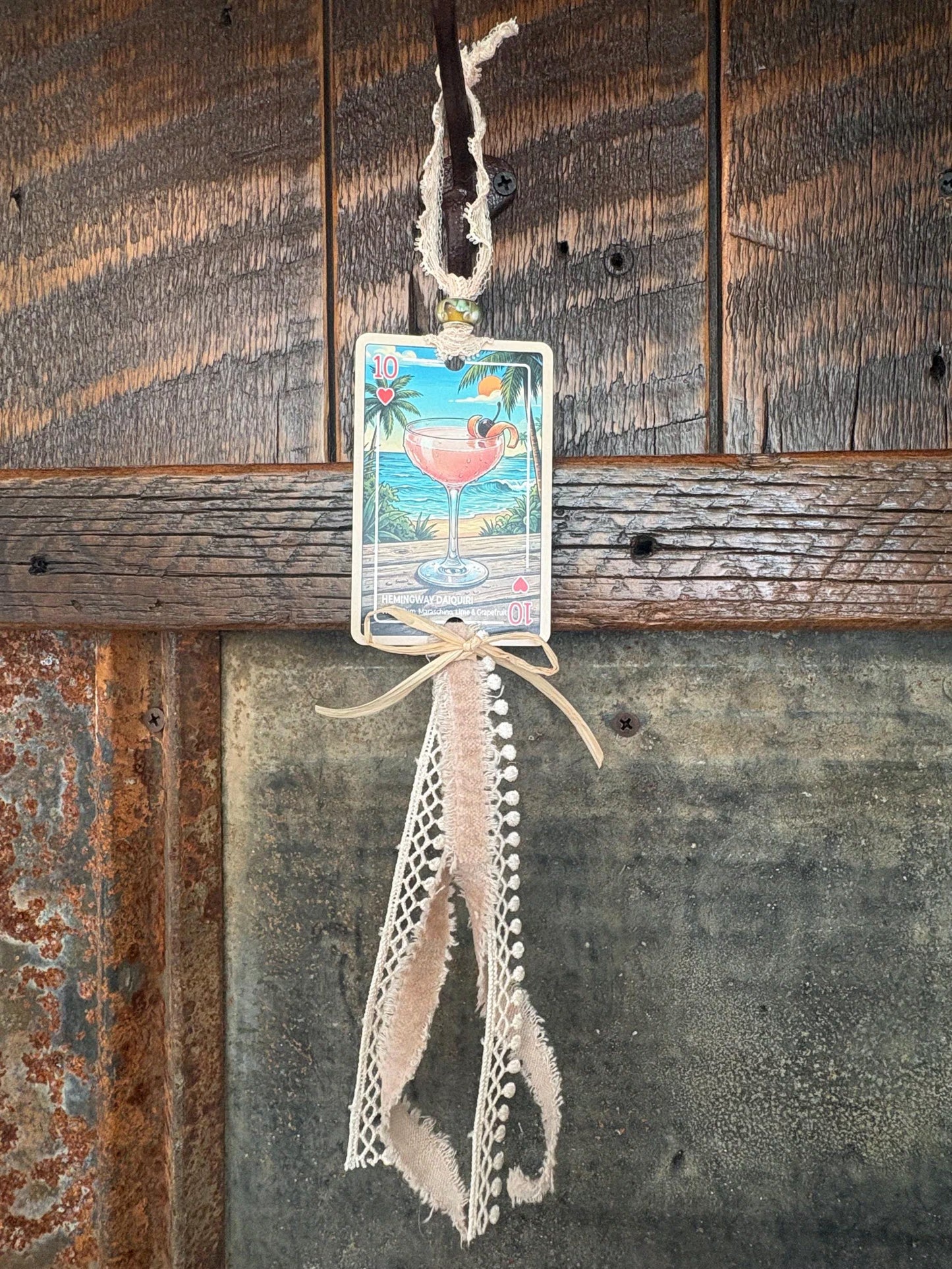 Upcycled Tropical Cocktail Playing Card Tassel Bookmark | Handmade Beaded Ribbon Charm