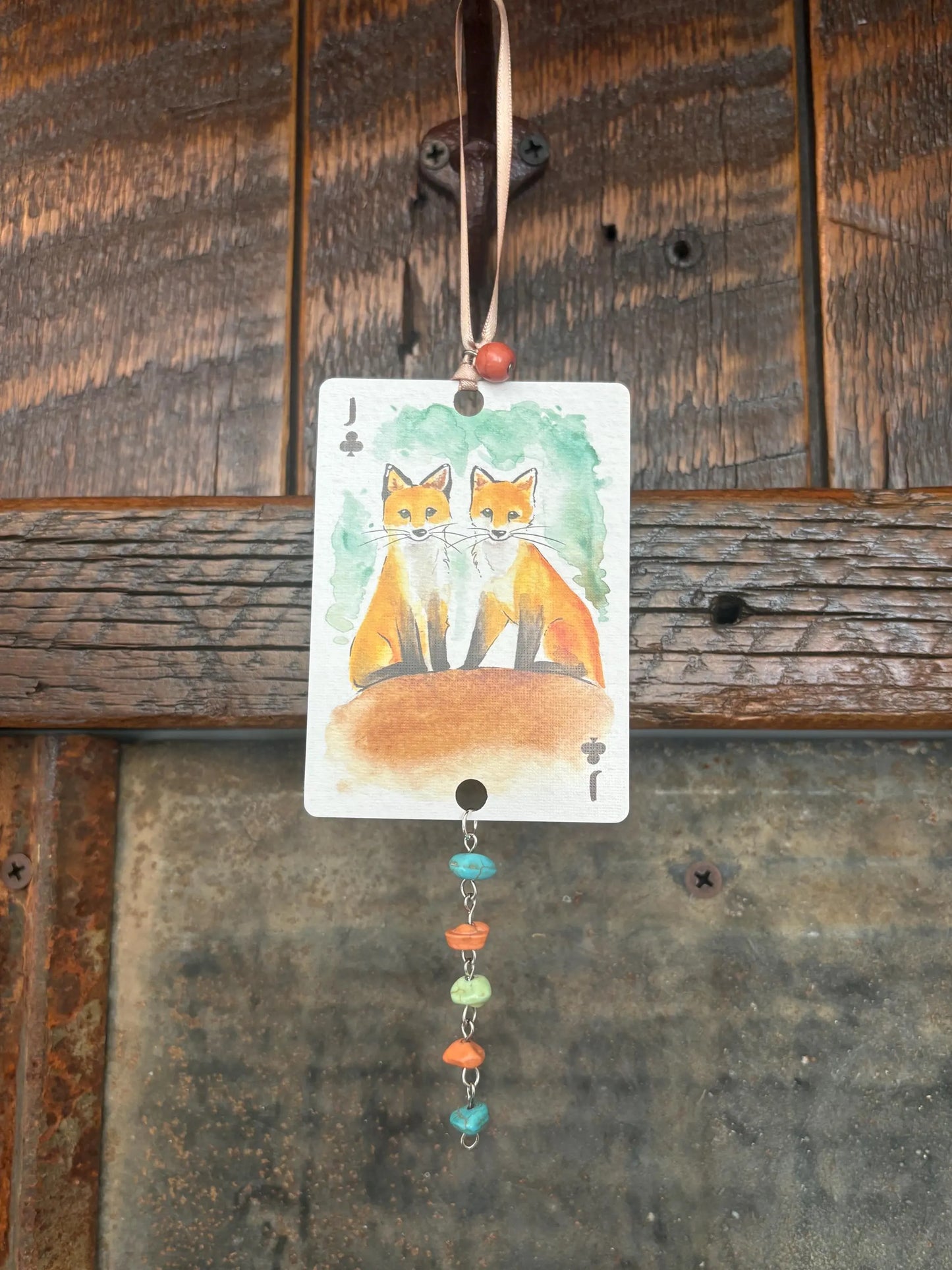 Upcycled Rearview Mirror Fox Charm: Playing Card Art Tassel