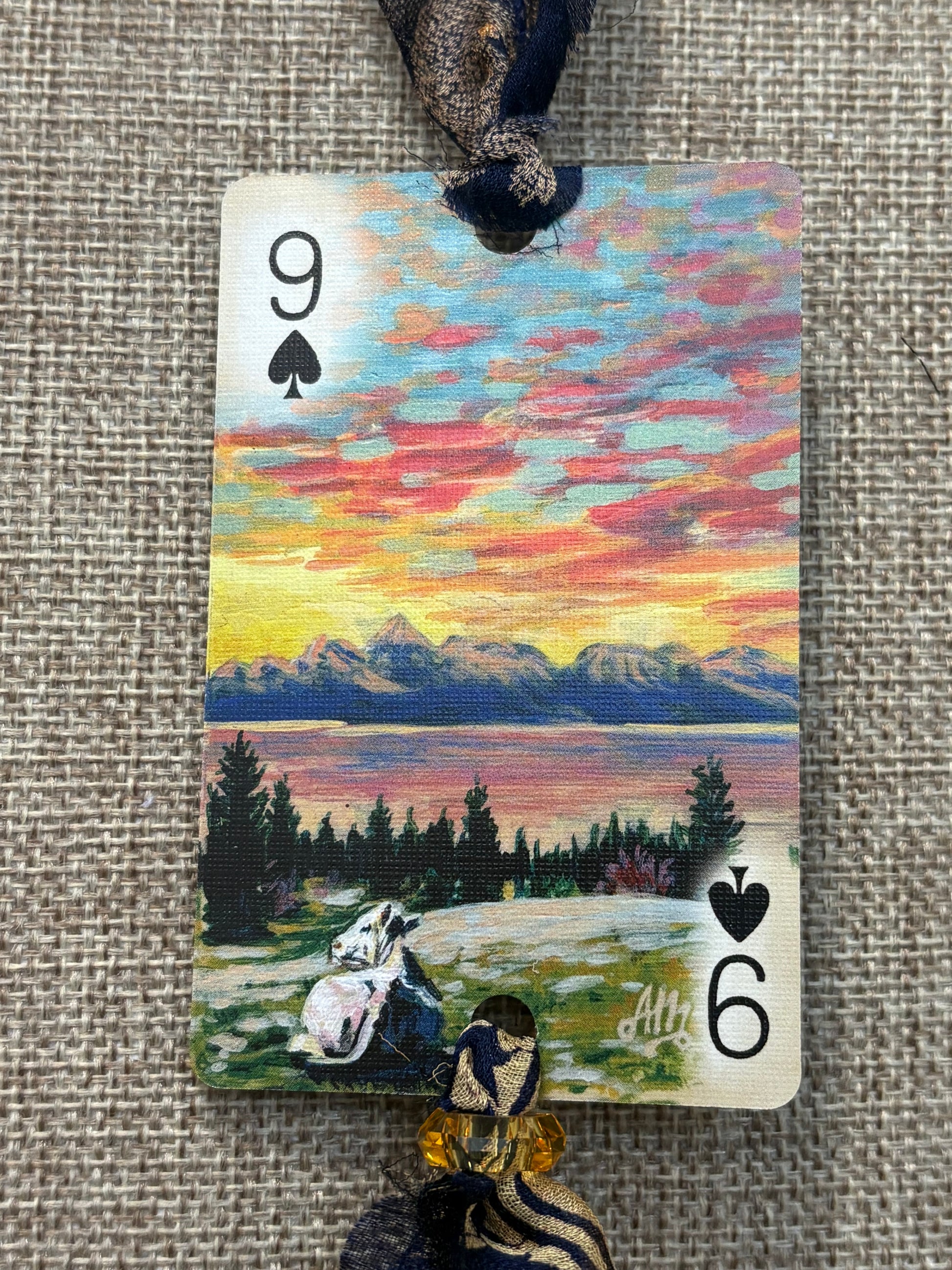 Handmade Car Rearview Mirror Charm: Sunset Cow - Western Boho Playing Card Tassel