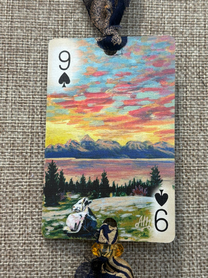 Handmade Car Rearview Mirror Charm: Sunset Cow - Western Boho Playing Card Tassel