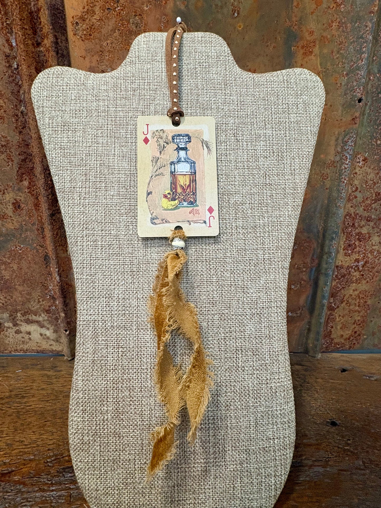 Handmade Car Rearview Mirror Charm: Liquor Bottle - Western Boho Playing Card Tassel