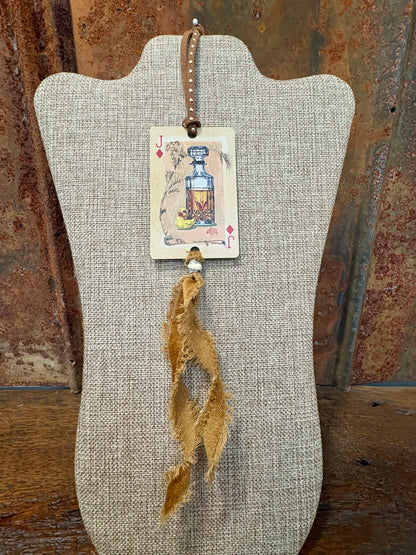 Handmade Car Rearview Mirror Charm: Liquor Bottle - Western Boho Playing Card Tassel