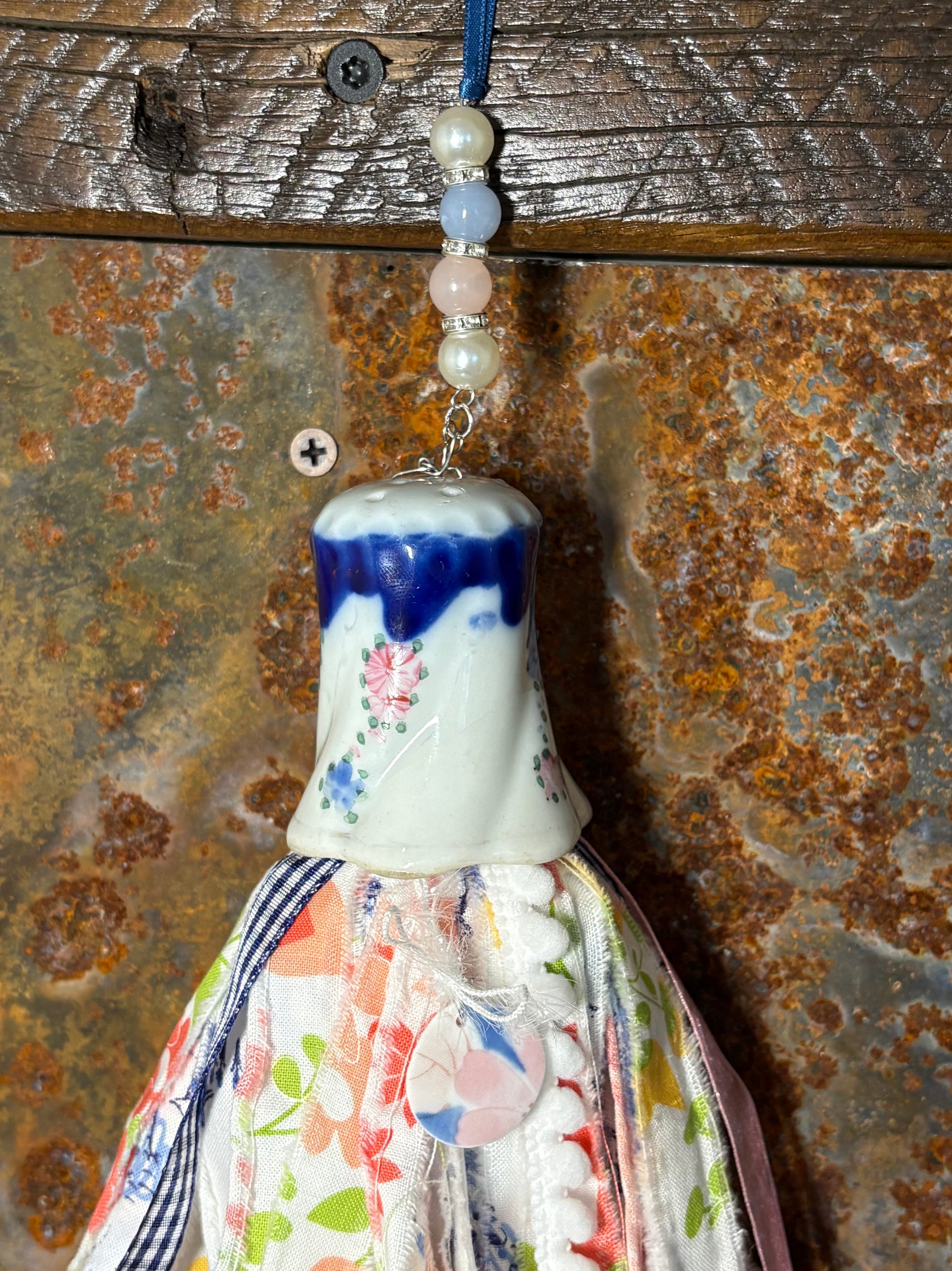 Vintage Blue Floral Salt Shaker Tassel