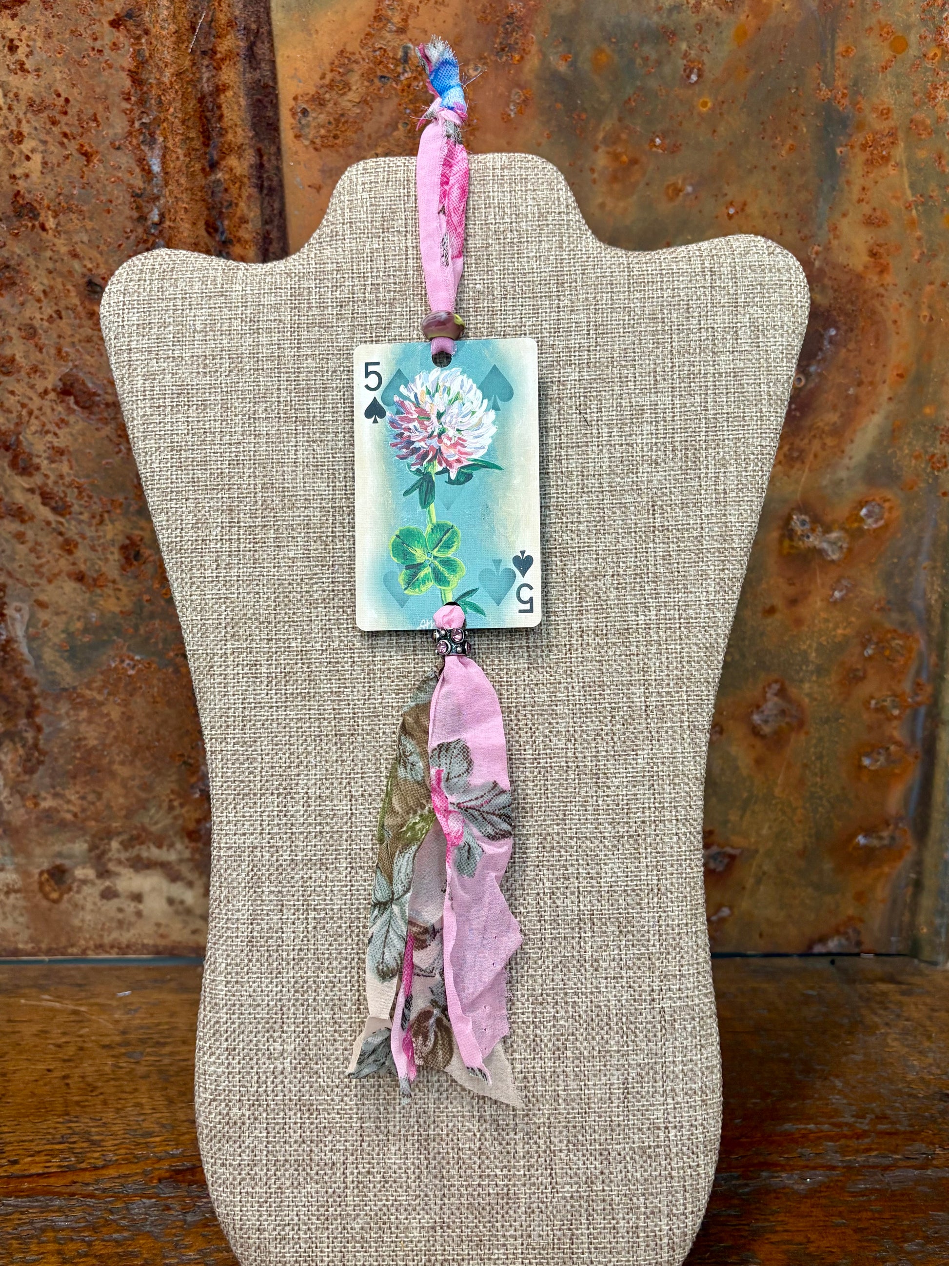 Handmade Car Rearview Mirror Charm: Four Leaf Clover - Western Boho Playing Card Tassel