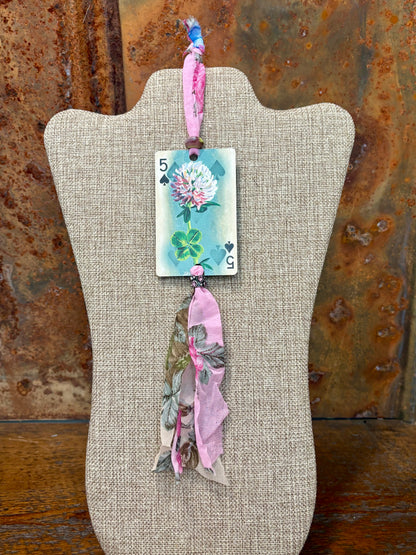 Handmade Car Rearview Mirror Charm: Four Leaf Clover - Western Boho Playing Card Tassel