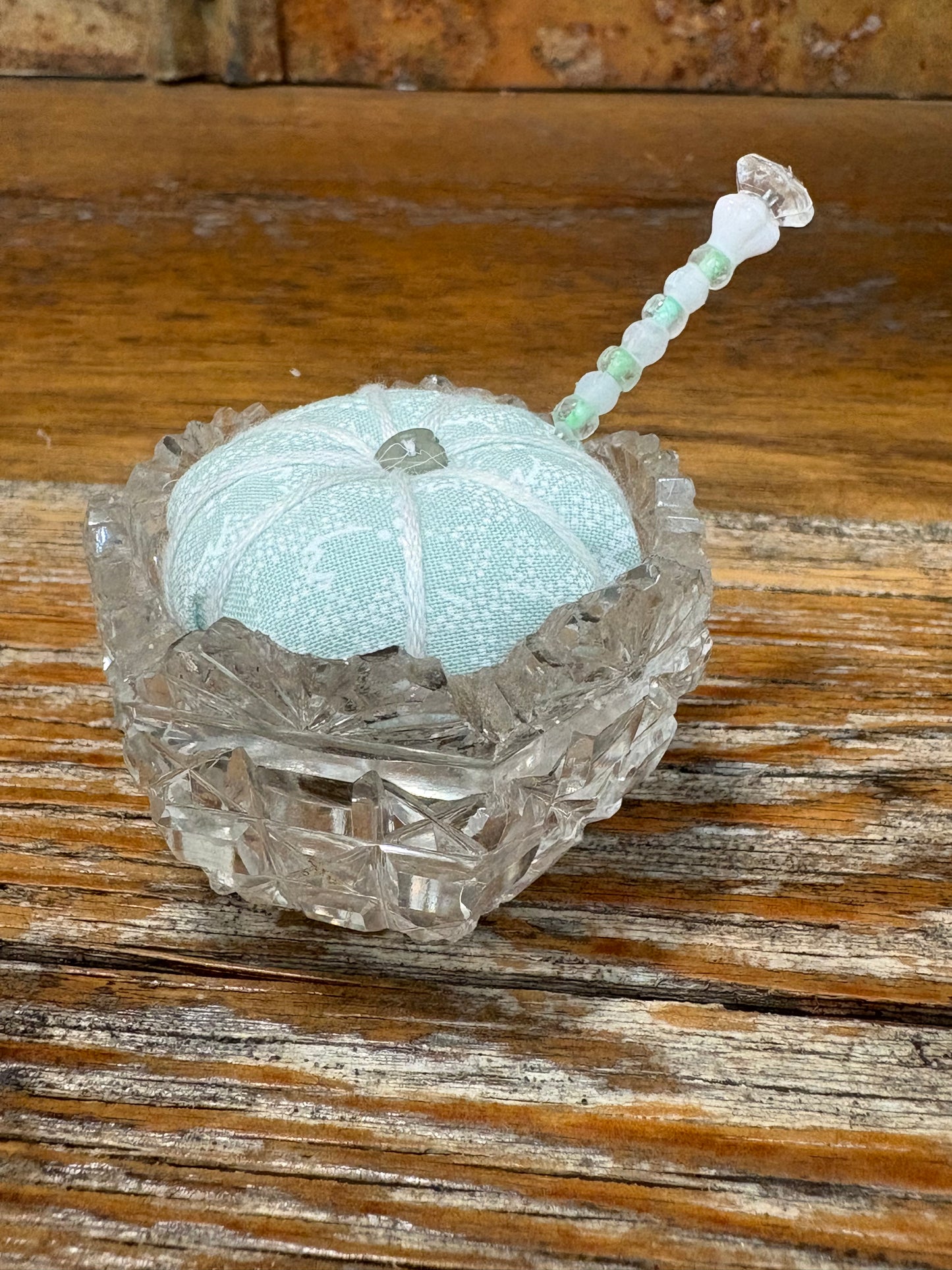 Handmade Salt Cellar Pin Cushion – Decorative Mini Pincushion with Beaded Pin
