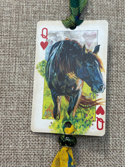 Handmade Car Rearview Mirror Charm: Grazing Horse - Western Boho Playing Card Tassel