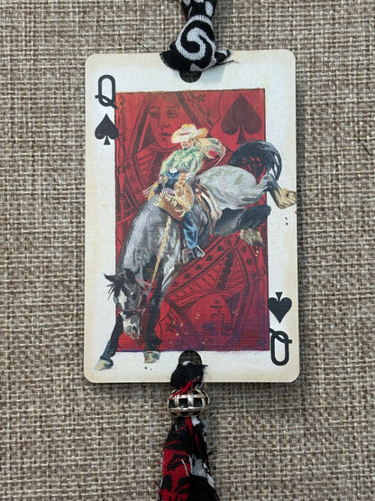 Handmade Car Rearview Mirror Charm: Cowgirl on Bucking Horse - Western Boho Playing Card Tassel