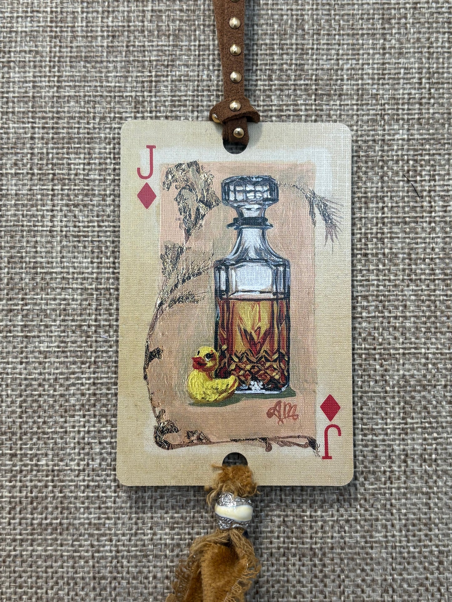 Handmade Car Rearview Mirror Charm: Liquor Bottle - Western Boho Playing Card Tassel