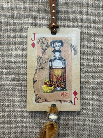 Handmade Car Rearview Mirror Charm: Liquor Bottle - Western Boho Playing Card Tassel