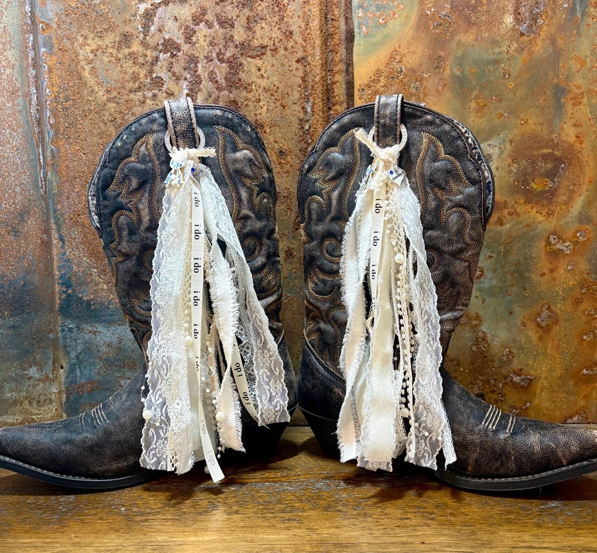 Wedding Cowboy Boot Ties Bows Dangles - Western Boho Cowgirl Handmade accessory - Speechless