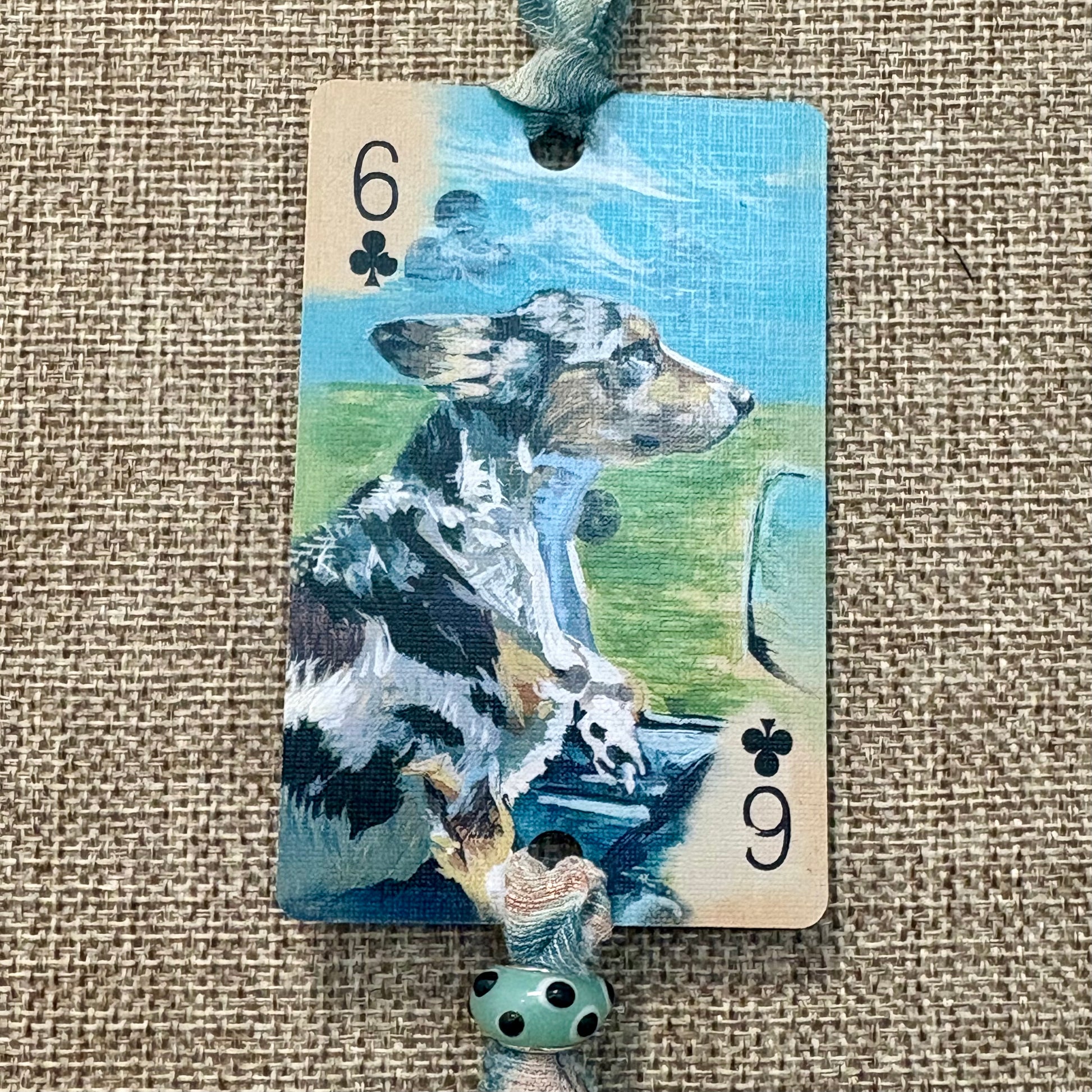 Handmade Car Rearview Mirror Charm: Dog Riding in Car - Western Boho Playing Card Tassel