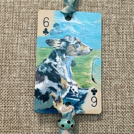 Handmade Car Rearview Mirror Charm: Dog Riding in Car - Western Boho Playing Card Tassel