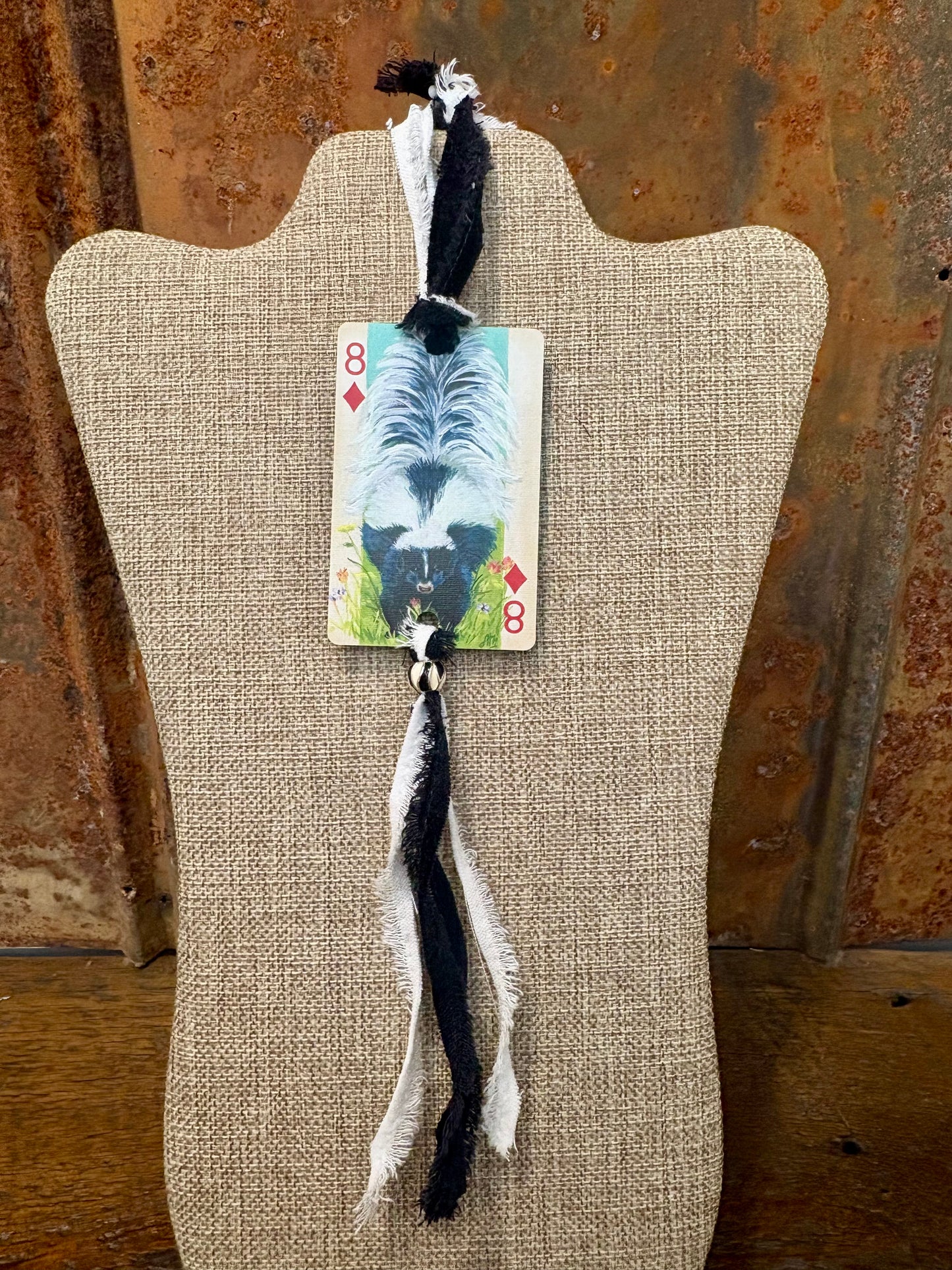 Handmade Car Rearview Mirror Charm: Skunk - Western Boho Playing Card Tassel