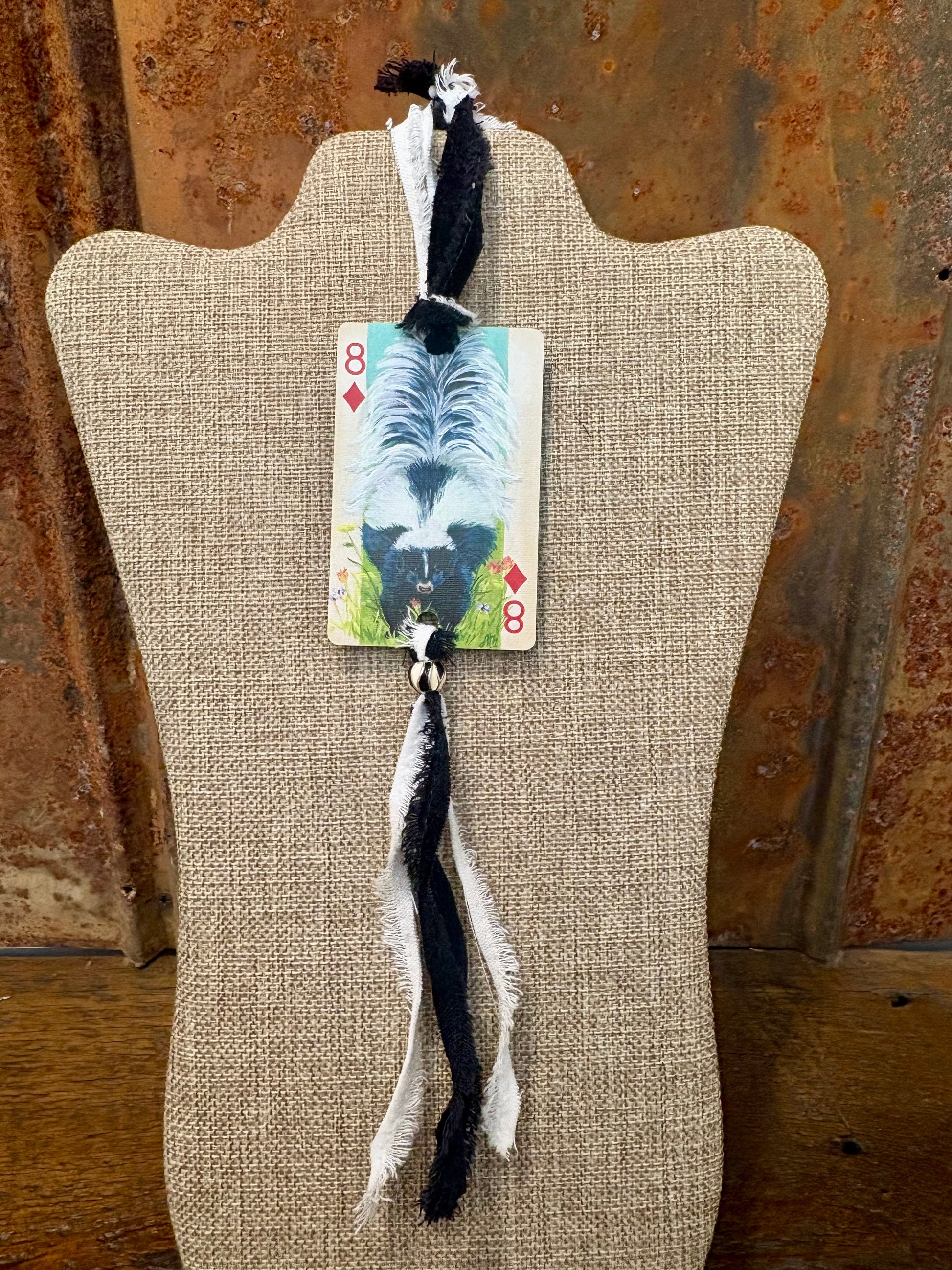 Handmade Car Rearview Mirror Charm: Skunk - Western Boho Playing Card Tassel
