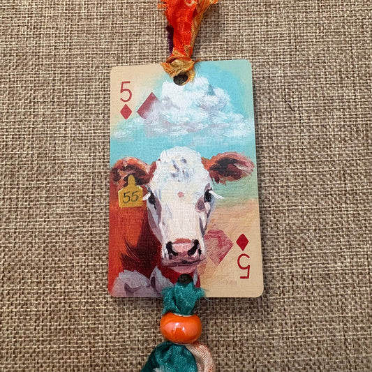 Handmade Car Rearview Mirror Charm: Cow - Western Boho Playing Card Tassel