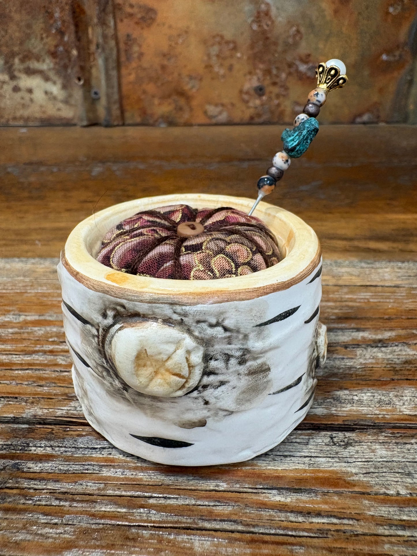 Handmade Egg Cup Pin Cushion – Decorative Mini Pincushion with Beaded Pin
