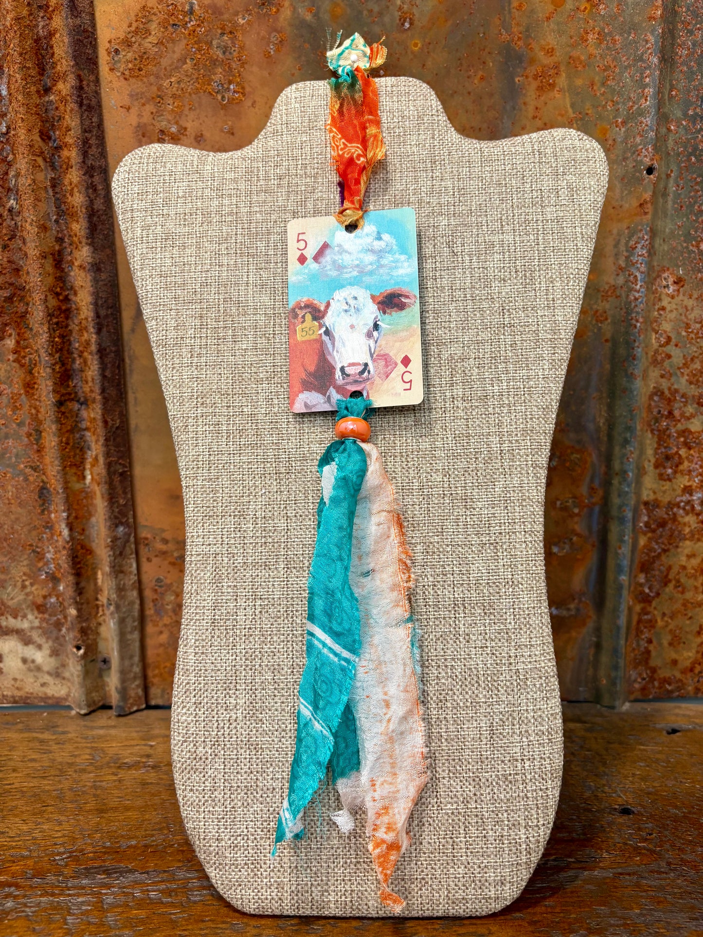 Handmade Car Rearview Mirror Charm: Cow - Western Boho Playing Card Tassel