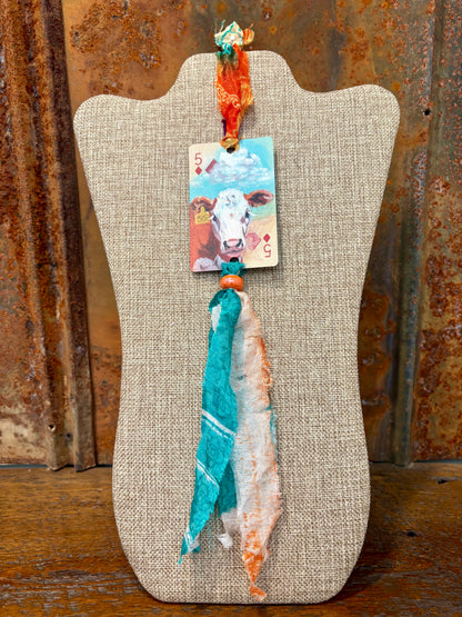 Handmade Car Rearview Mirror Charm: Cow - Western Boho Playing Card Tassel