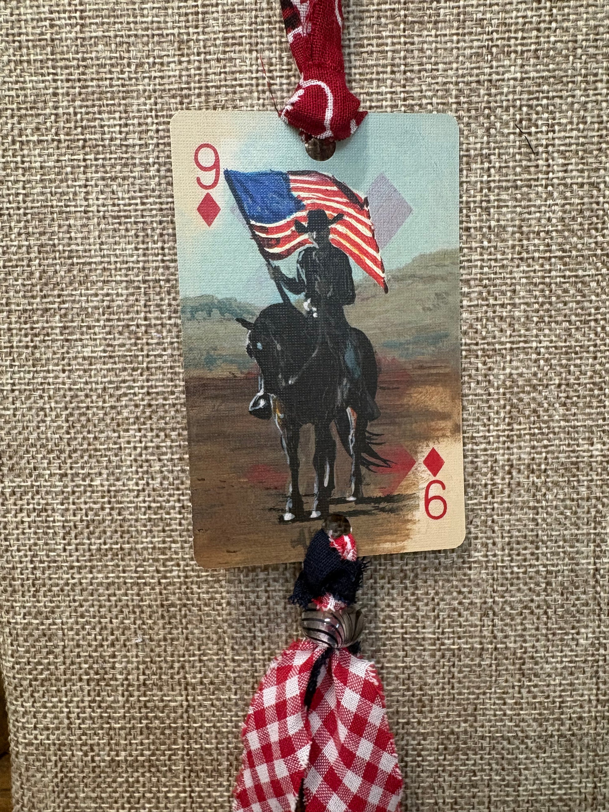 Handmade Car Rearview Mirror Charm: Cowboy with Flag Western Boho Playing Card Tassel