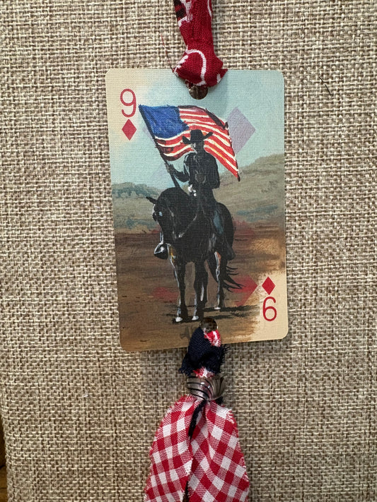 Handmade Car Rearview Mirror Charm: Cowboy with Flag Western Boho Playing Card Tassel