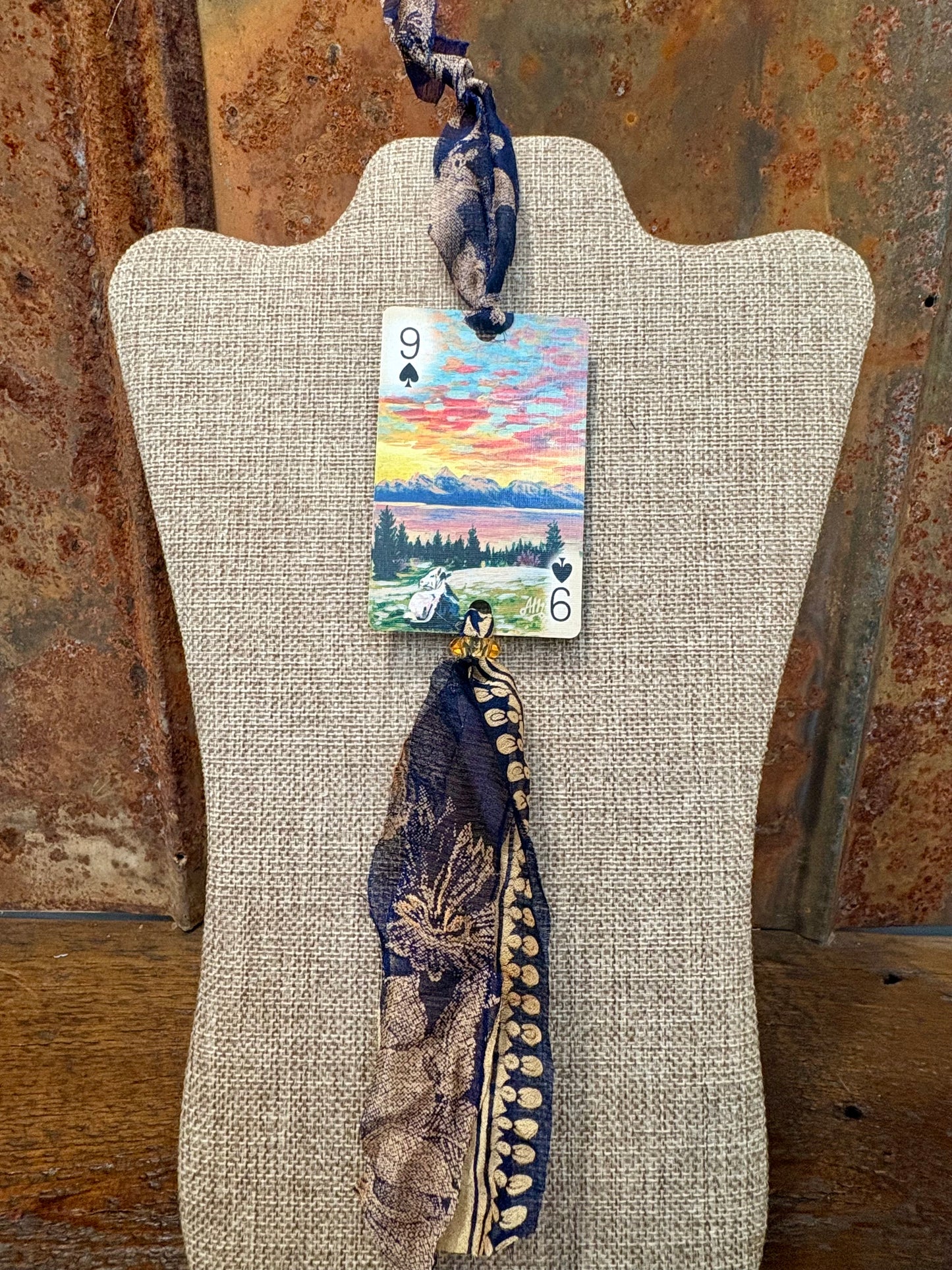 Handmade Car Rearview Mirror Charm: Sunset Cow - Western Boho Playing Card Tassel