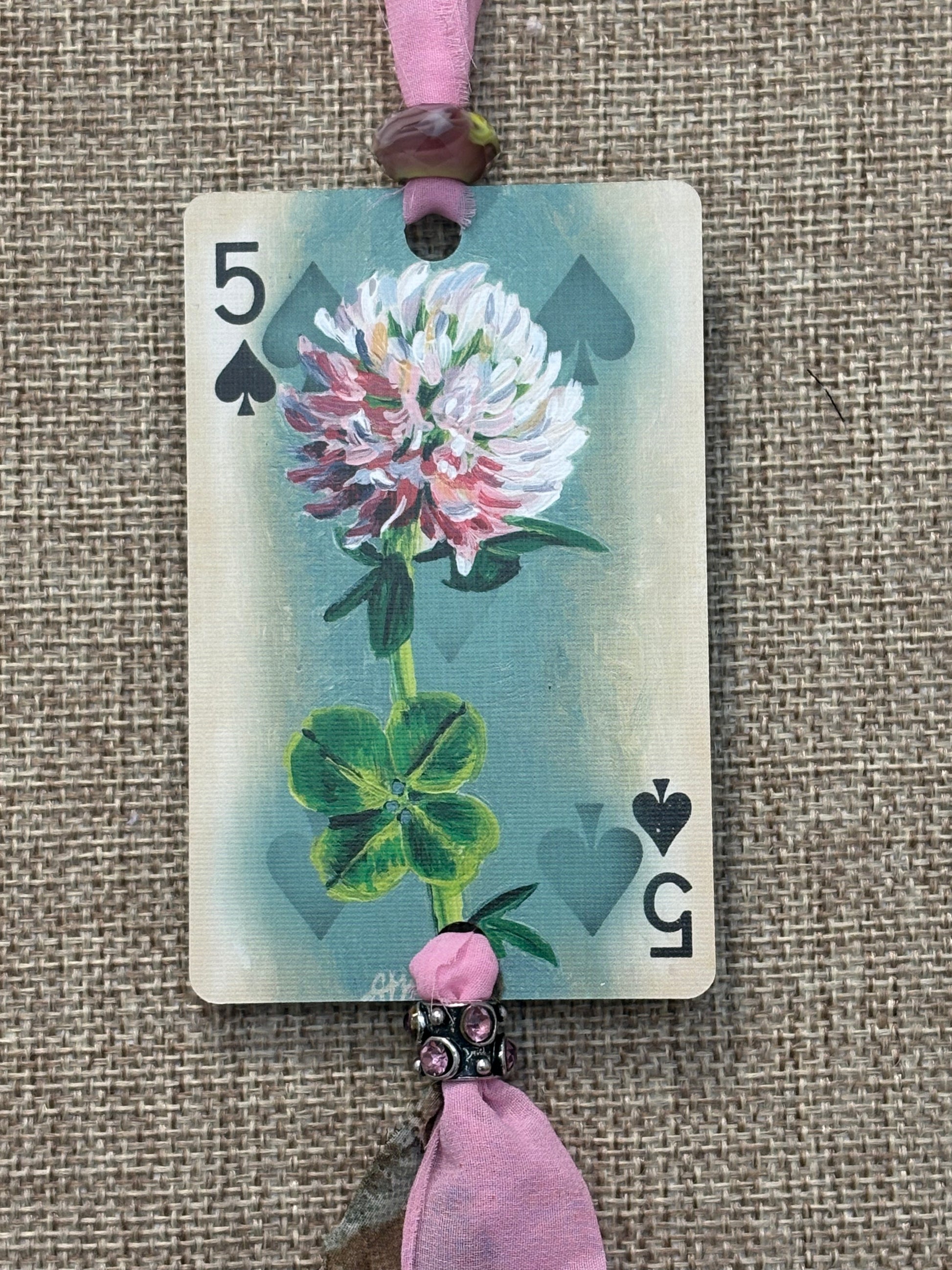Handmade Car Rearview Mirror Charm: Four Leaf Clover - Western Boho Playing Card Tassel