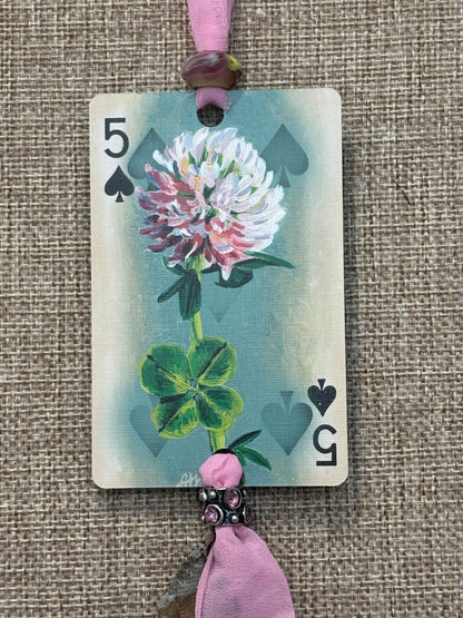 Handmade Car Rearview Mirror Charm: Four Leaf Clover - Western Boho Playing Card Tassel