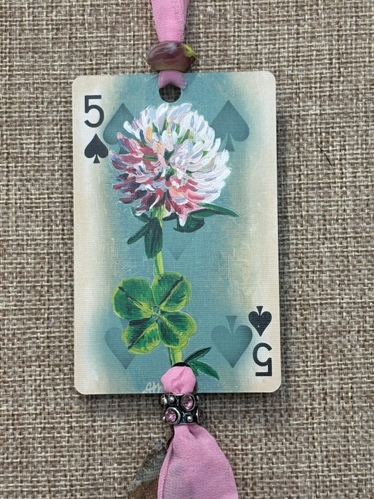 Handmade Car Rearview Mirror Charm: Four Leaf Clover - Western Boho Playing Card Tassel