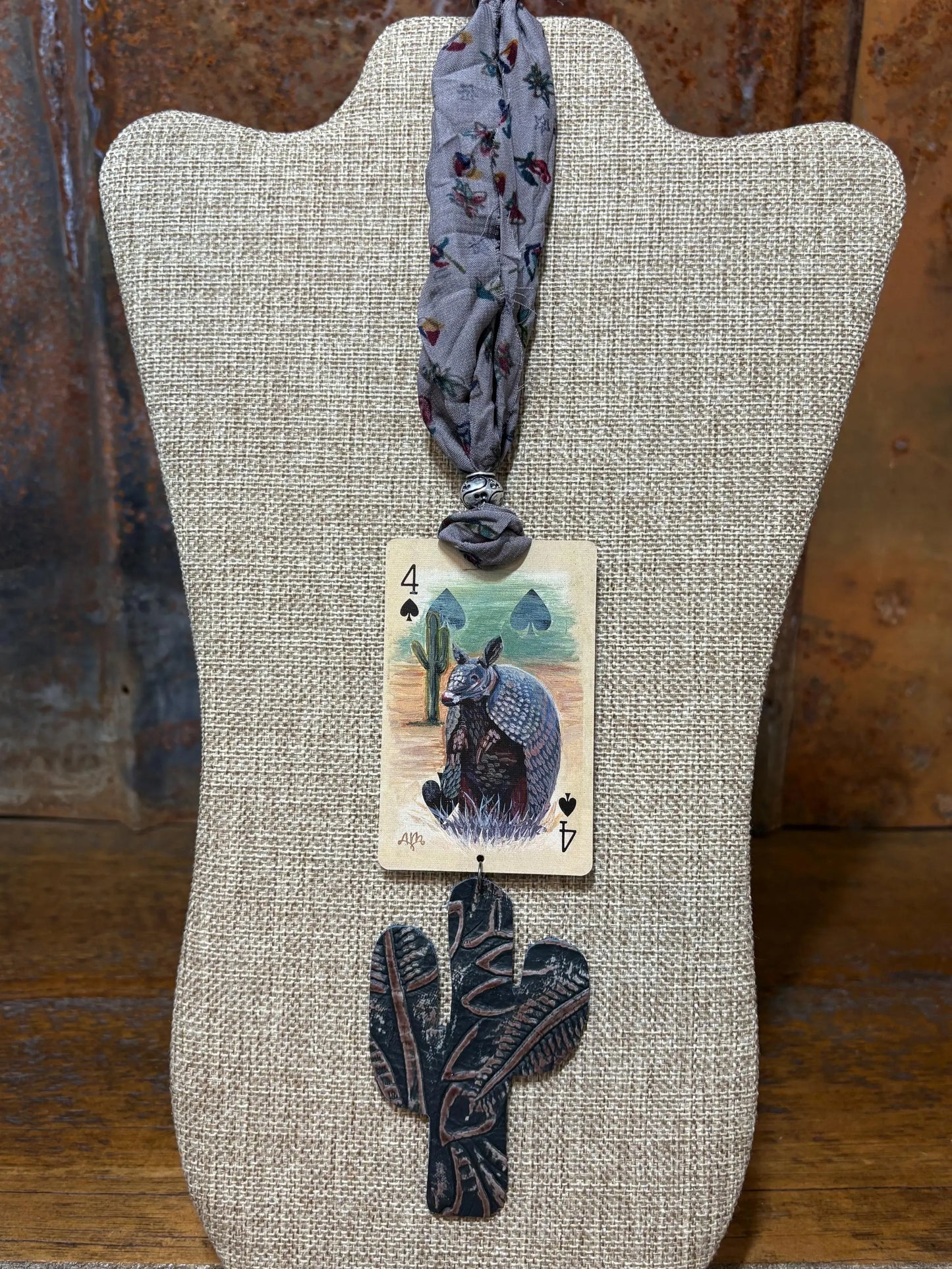 Handmade Car Rearview Mirror Charm Ornament: Playing Card Art, Western Boho Tassel Armadillo