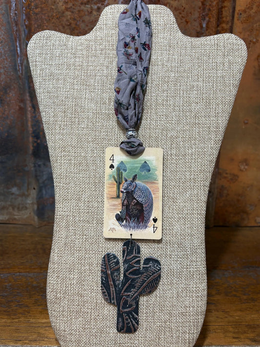 Handmade Car Rearview Mirror Charm Ornament: Playing Card Art, Western Boho Tassel Armadillo