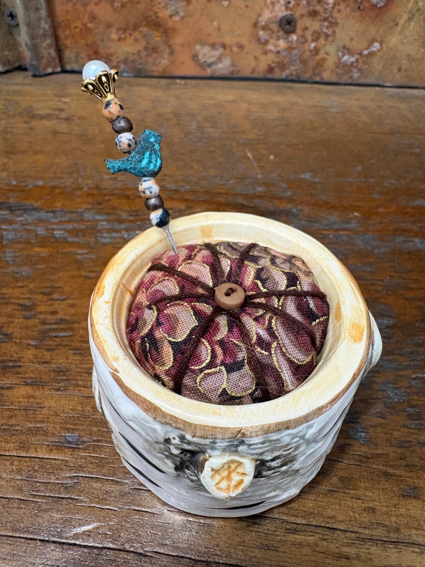 Handmade Egg Cup Pin Cushion – Decorative Mini Pincushion with Beaded Pin