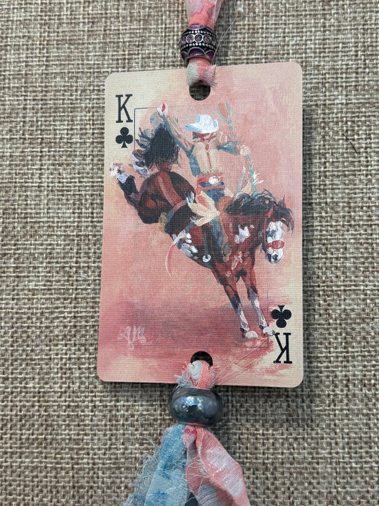 Handmade Car Rearview Mirror Charm: Bucking Horse - Western Boho Playing Card Tassel