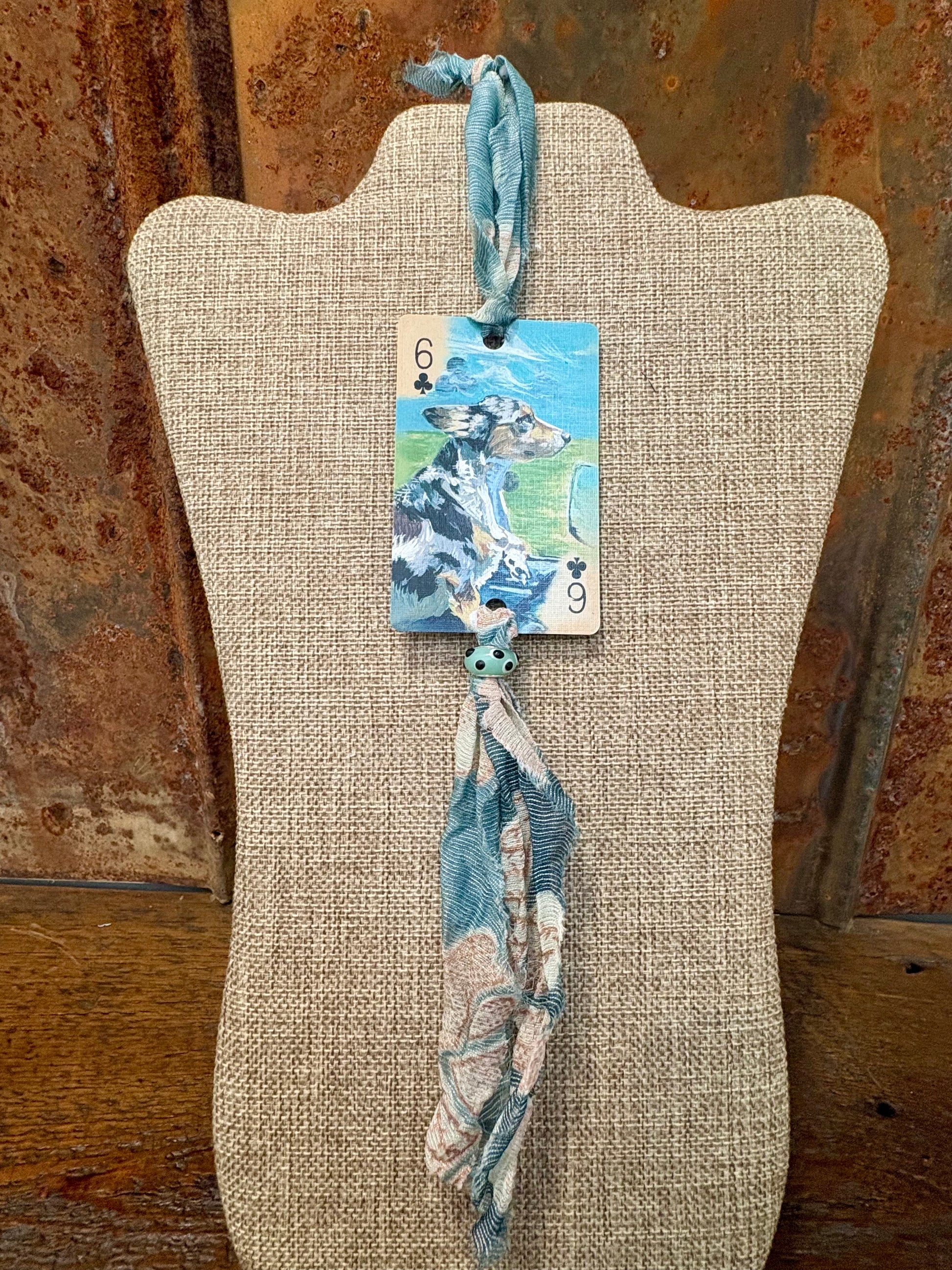 Handmade Car Rearview Mirror Charm: Dog Riding in Car - Western Boho Playing Card Tassel