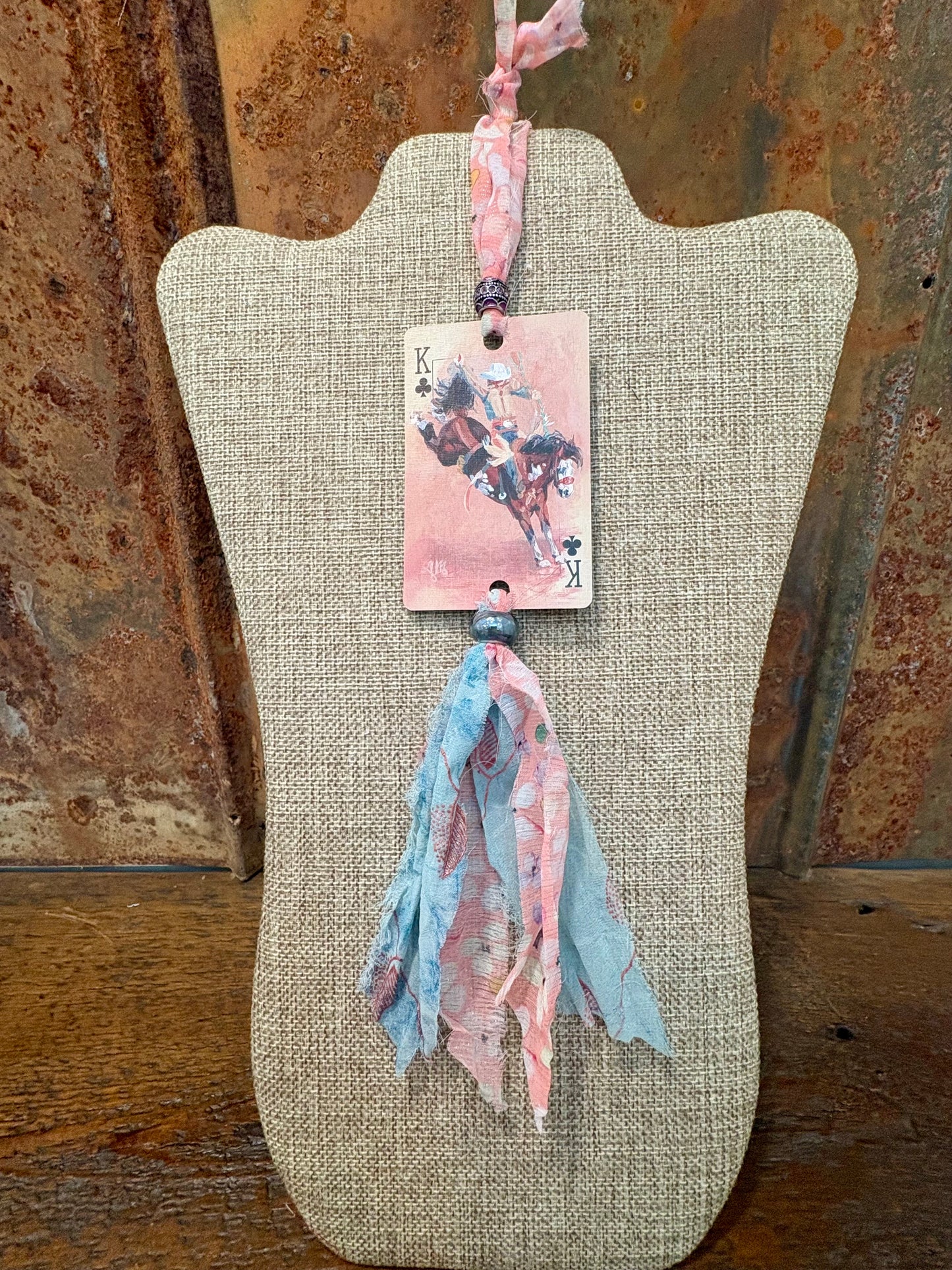 Handmade Car Rearview Mirror Charm: Bucking Horse - Western Boho Playing Card Tassel