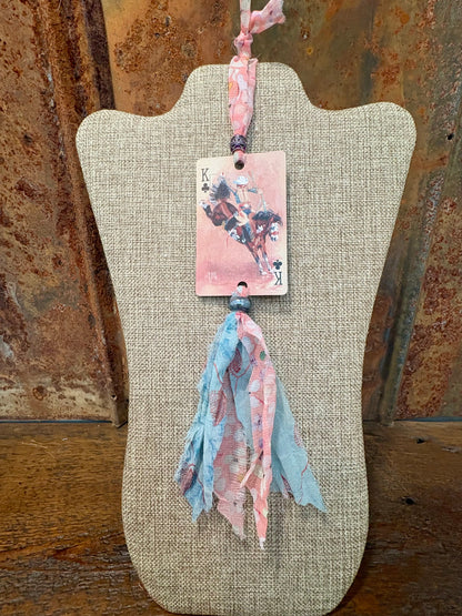 Handmade Car Rearview Mirror Charm: Bucking Horse - Western Boho Playing Card Tassel