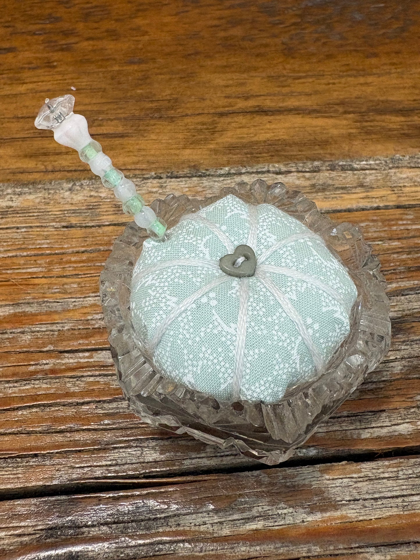 Handmade Salt Cellar Pin Cushion – Decorative Mini Pincushion with Beaded Pin