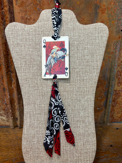 Handmade Car Rearview Mirror Charm: Cowgirl on Bucking Horse - Western Boho Playing Card Tassel