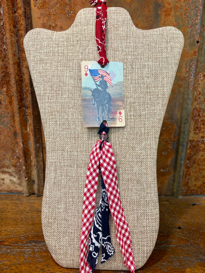 Handmade Car Rearview Mirror Charm: Cowboy with Flag Western Boho Playing Card Tassel